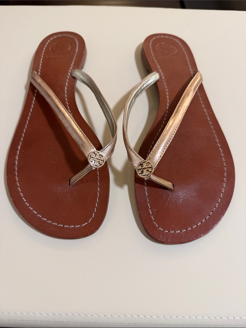 Tory Burch Rose Gold Leather Logo Flip Flop Sandals